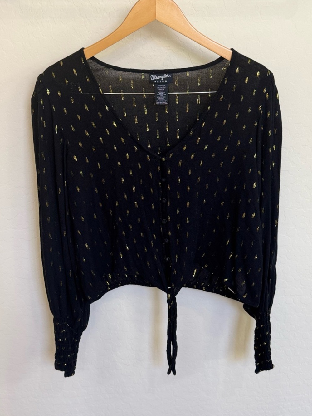 Wrangler Retro Black Gold Tie-Front Poet Sleeve Cropped Blouse Size Medium